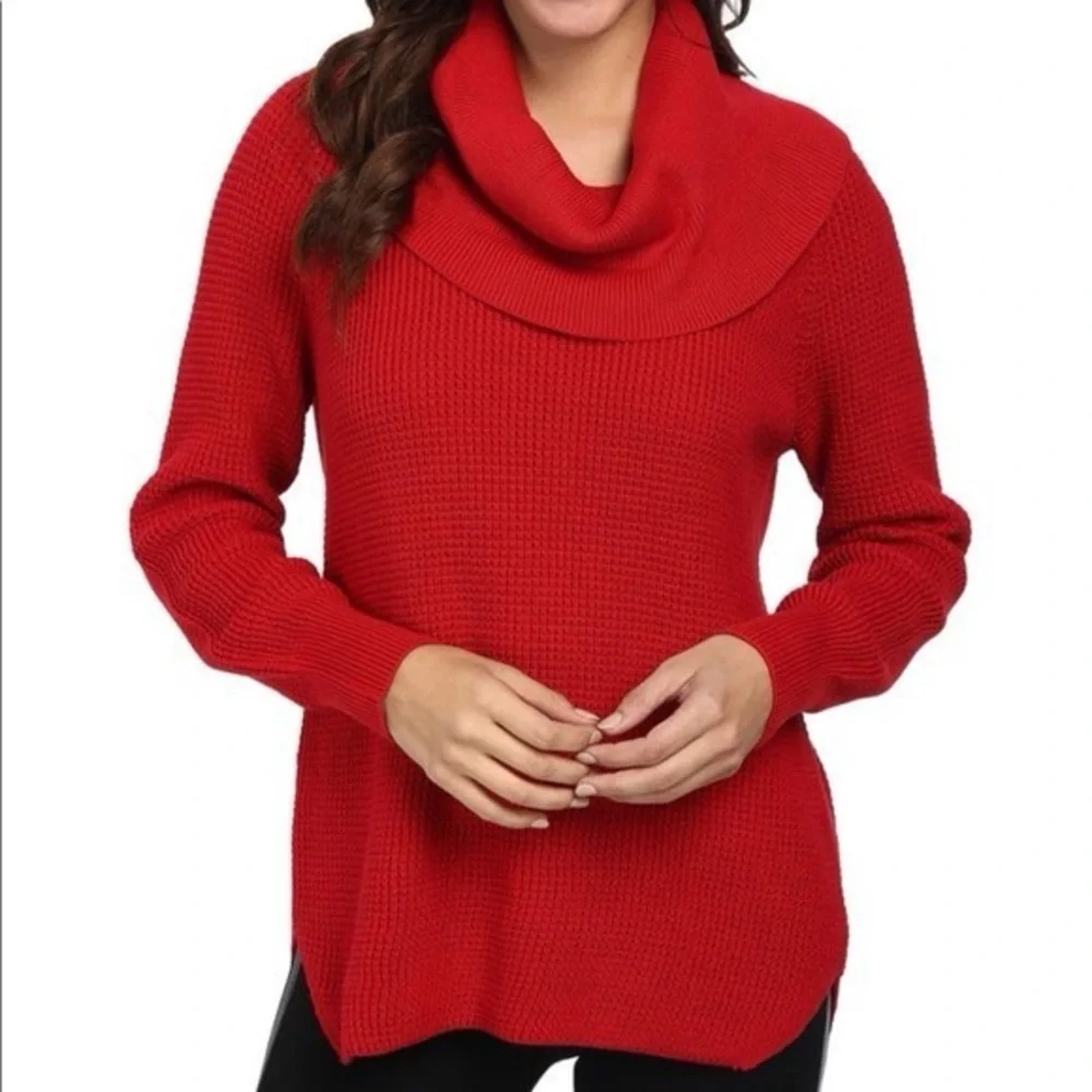 Michael Kors Red Waffle Holiday Cowl Neck Sweater- Size Small